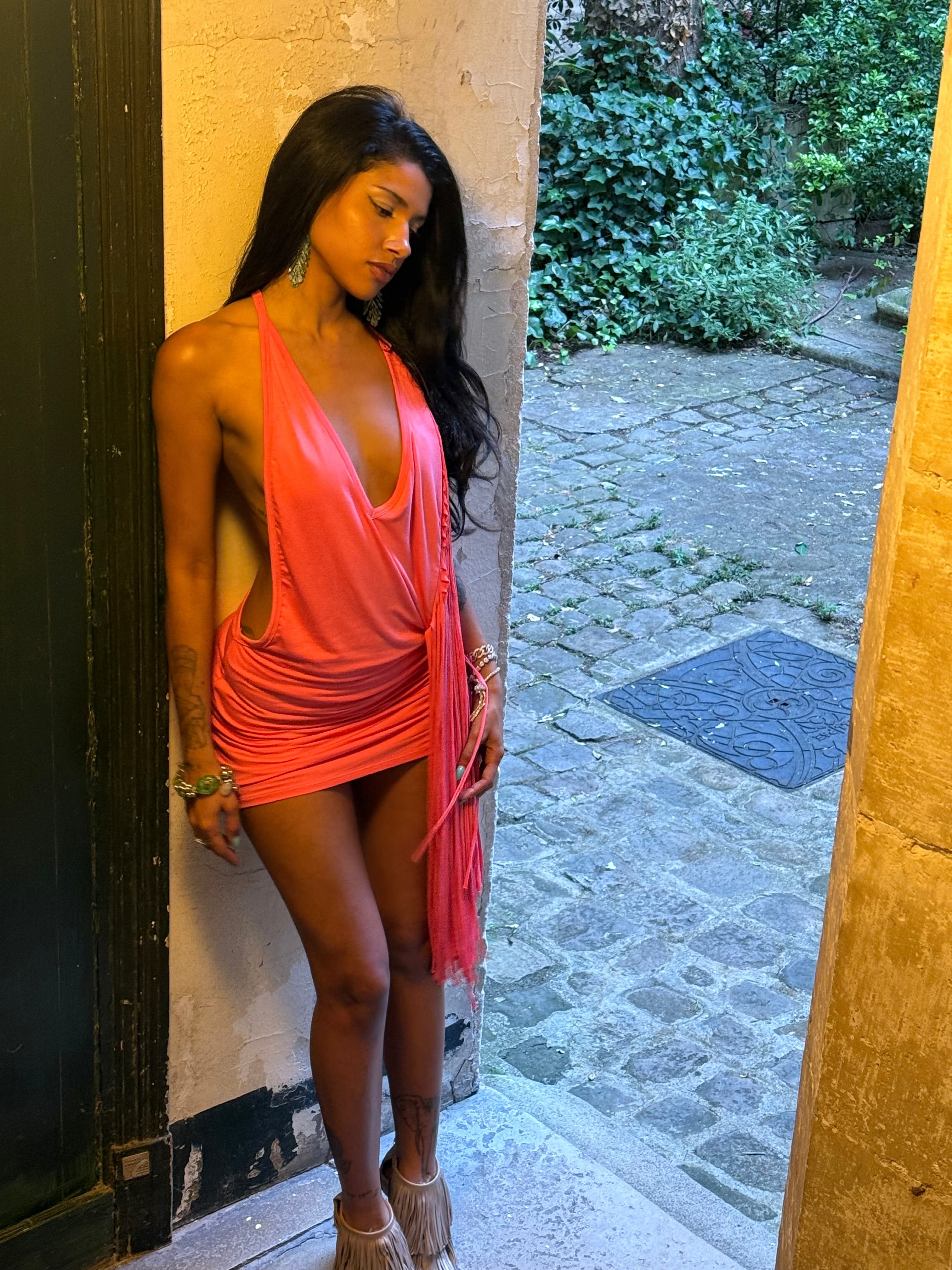 Alma Fringe Dress in Coral